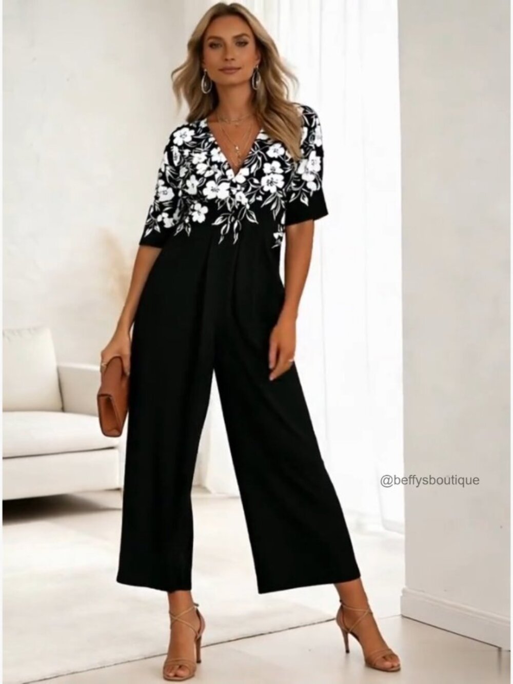 Wide Leg Jumpsuit with Pockets V Neck Short Sleeve Floral - Picture 6 of 7